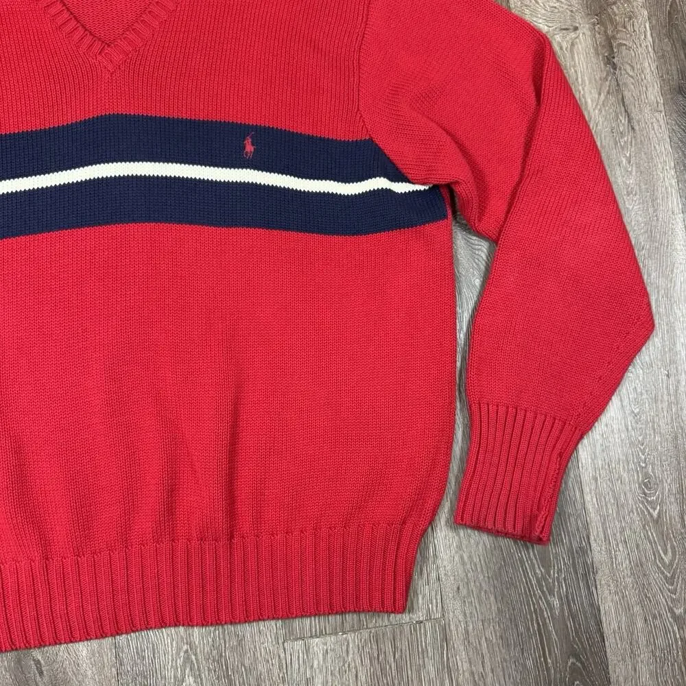 Vintage 80s Polo Ralph Lauren V Neck Cotton Sweater Striped Red Blue Men's XXL